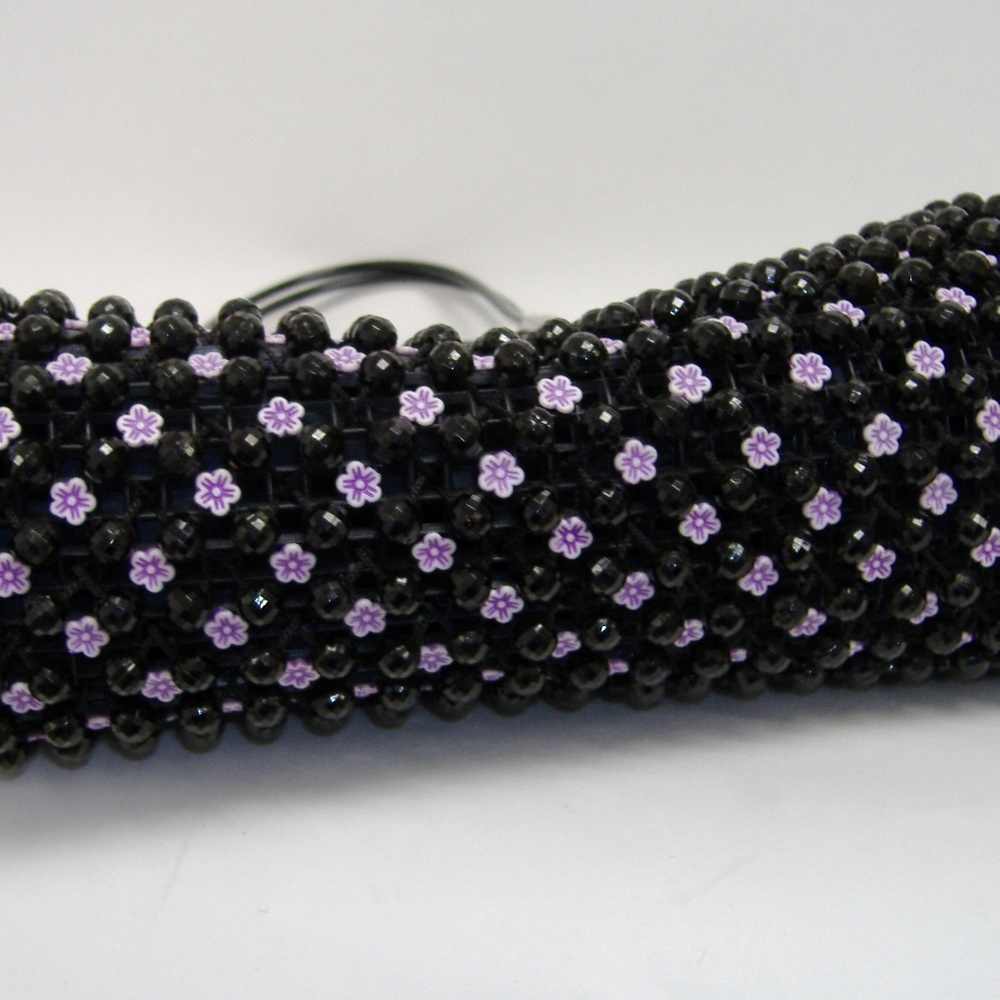 Black Fenghua Purse Pink Flower Beaded Tote Evening Handbag Silver Metal - Picture 7 of 8